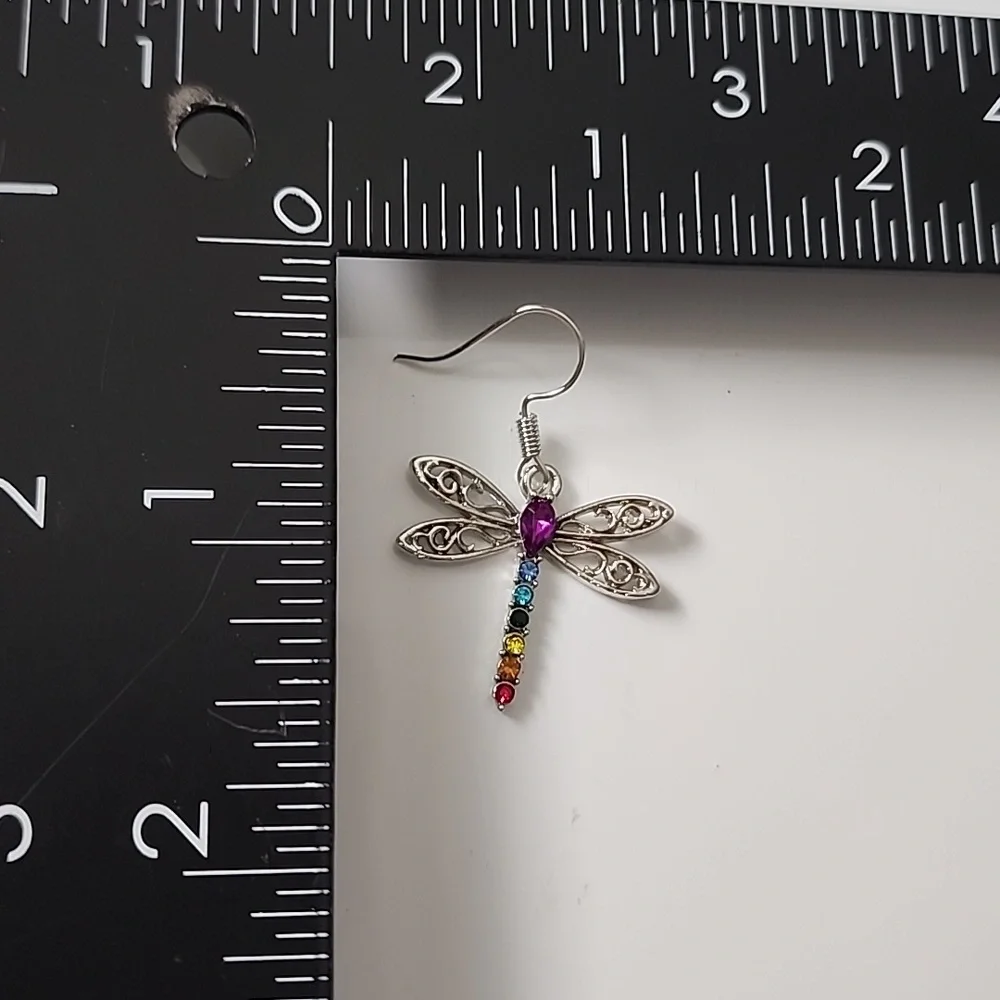 Dragonfly Earrings Multicolor Gems Boho #2 - Picture 3 of 3
